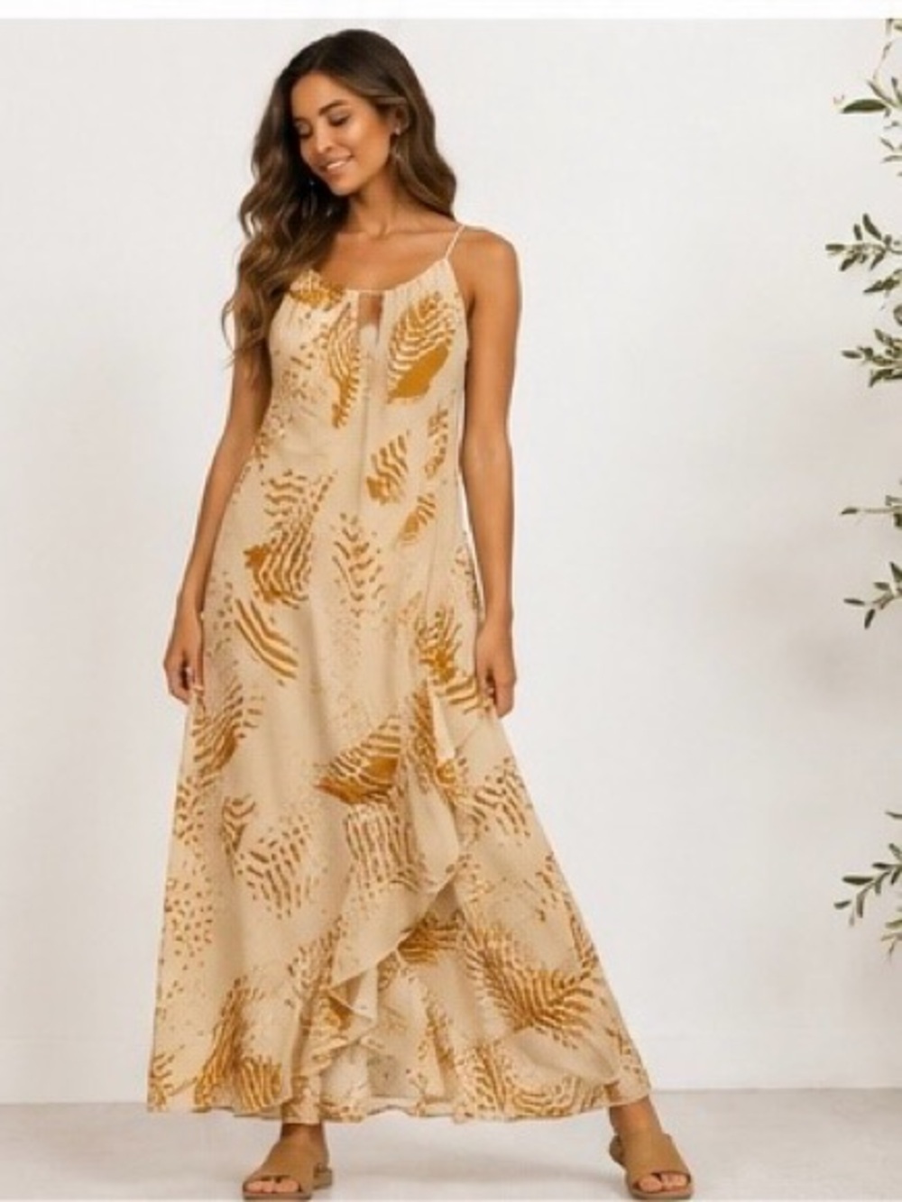 Banana Republic Factory Beige Maxi Dress with Mustard Botanical Motif
